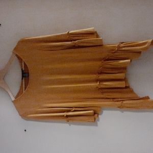 Gold peasant pullover blouse, 3/4 ruffle sleeves and bottom, rayon & spandex